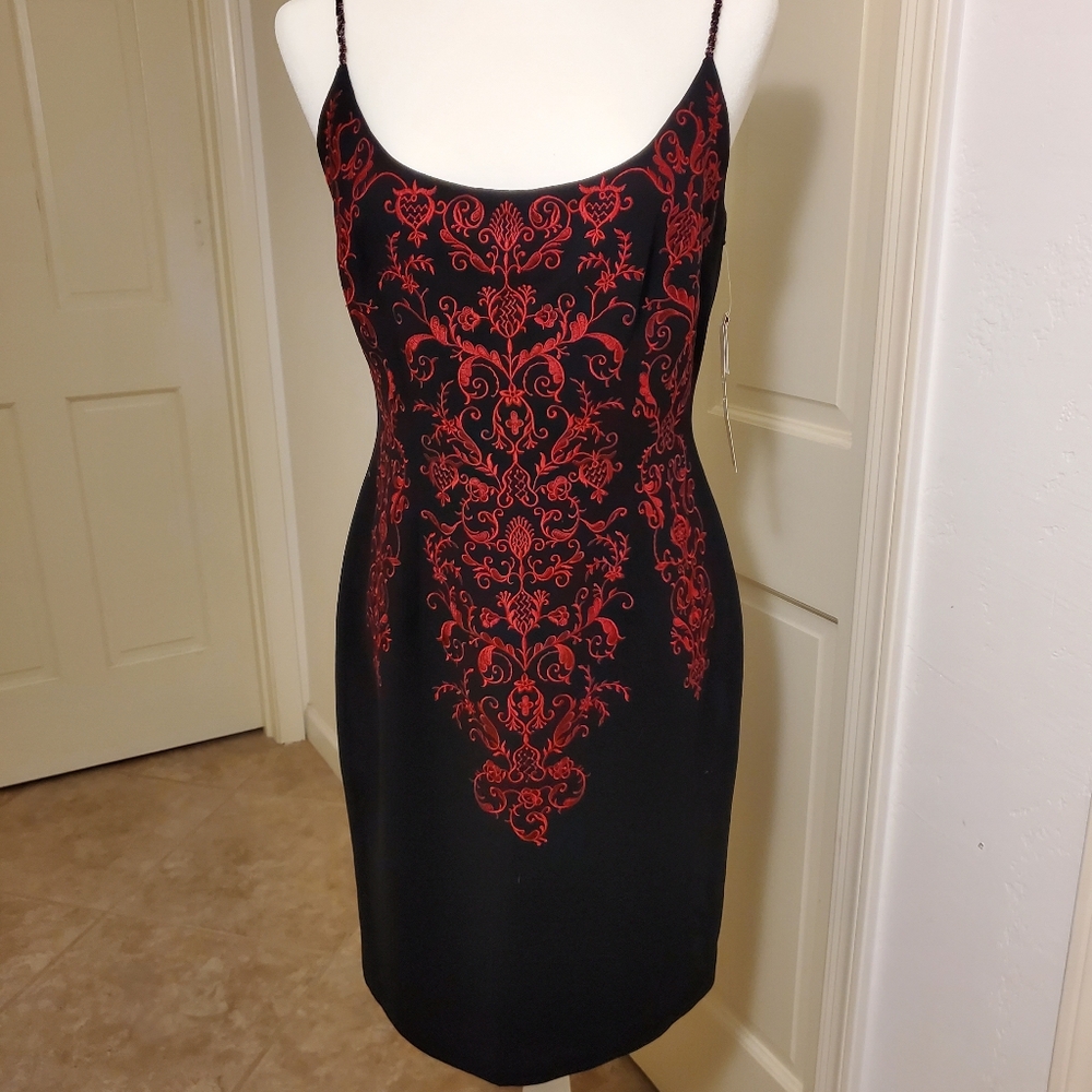 Maggy London Elegant Black Dress with Red Embroidery